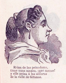 Ejemplo de tipo madrileño. Peinadora. Almanaque el Cascabel. Madrid. 1867